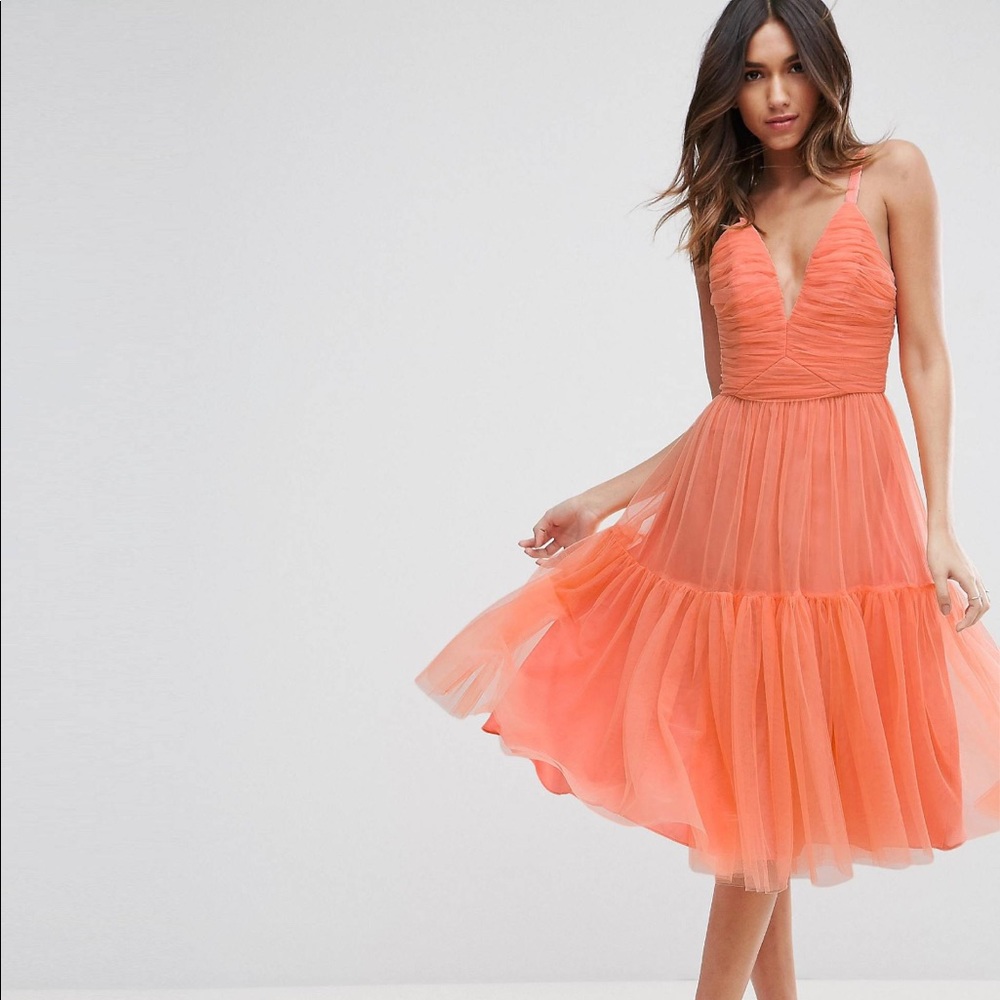 ASOS Tulle Tiered Midi Dress in Coral